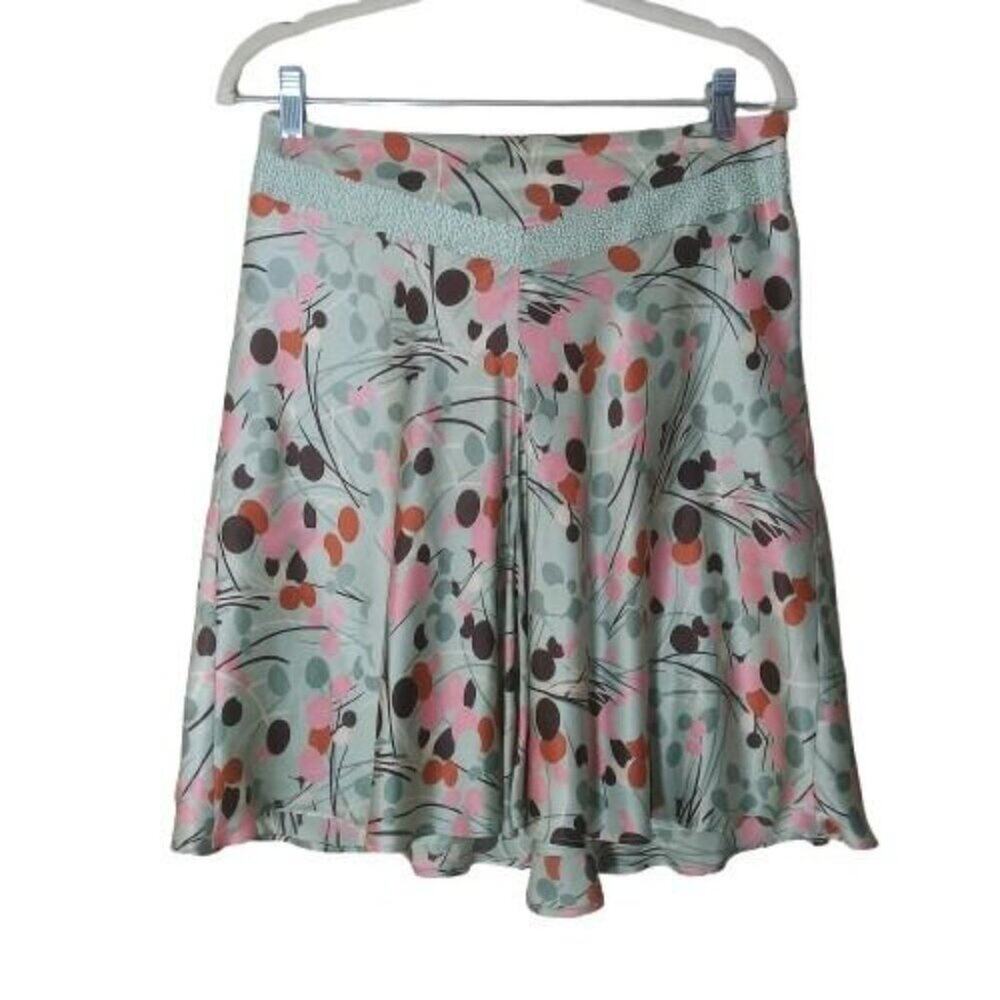 LAUNDRY BY SHELLI SEGAL | 100% Silk Pastel Green Pink Beaded Knee Length Skirt 6